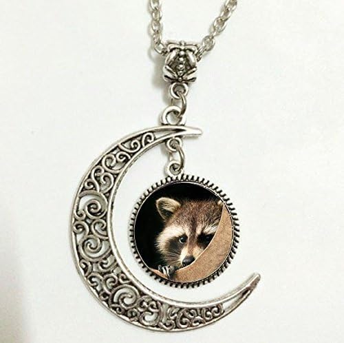 Raccoon Pendant, Raccoon Necklace, Raccoon Moon Jewelry, Moon Necklace Glass Art Picture