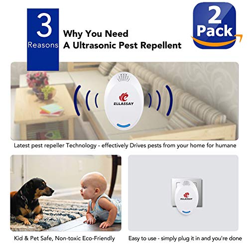 ELLASSAY Electronic Ultrasonic Pest Repeller Plug in,2 Pack Indoor Ultrasound Repeller Against Rats, Mouse, Spider, Ants, Bed Bugs, Fleas, Cockroaches, Flies, Moths, Mosquito Easy to Use
