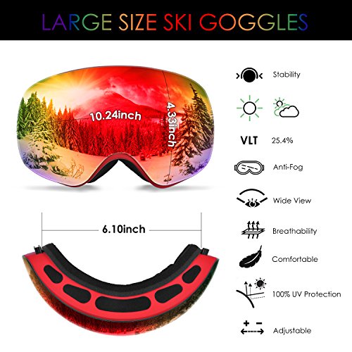 Ski Goggles, Frameless Snowboard Goggles Interchangeable Double Lens with Elastic Strap&Protective Case for Men Women - Anti Fog, 100% UV400 Protection, FDA & CE Approved Red(VLT25.4%)