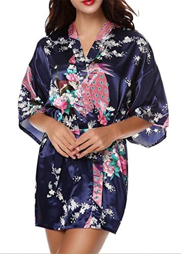 Women's Kimono Short Robe Peacock Design Dark Blue M