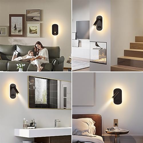 LED Reading Lamp with Switch, USB Charging Port + Type C Reading Light, 3W 3000K+9W 6000K Rotatable Wall Light for Reading, Indoor Inblack Wall Lighting, Night Lamp Bedroom Hotel