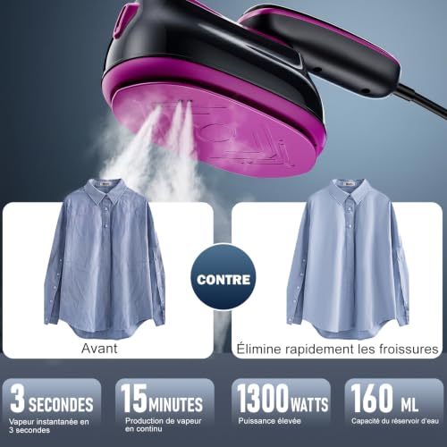 2 in 1 Garment Steamer, 1300 W Portable Garment Steamer, Travel Iron, Multi-Mode Touch Screen, 4 Steams, Dry Ironing + Self-Cleaning, 160 ml Tank Home/Travel