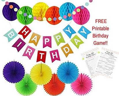 Birthday Decorations | Party Supplies | Happy Birthday Banner | 6 Paper Fans/6 Honeycombs: Purple, Green, Yellow, Orange, Blue, Pink | Multicolor Circle Garland | Birthday Set For All Ages/Adults/Kids