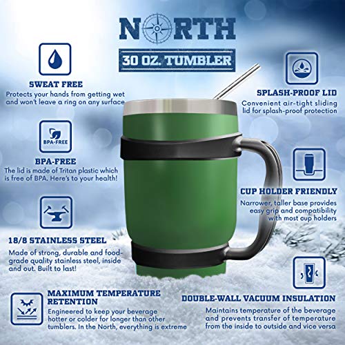 Army Green North Stainless Steel Vacuum Insulated 5-Piece Tumbler Set, 30 oz, Travel Mug For Home, Office, School – Like Yeti Tumbler For Ice Drink & Hot Beverage (Army Green Stainless Steel Mug)