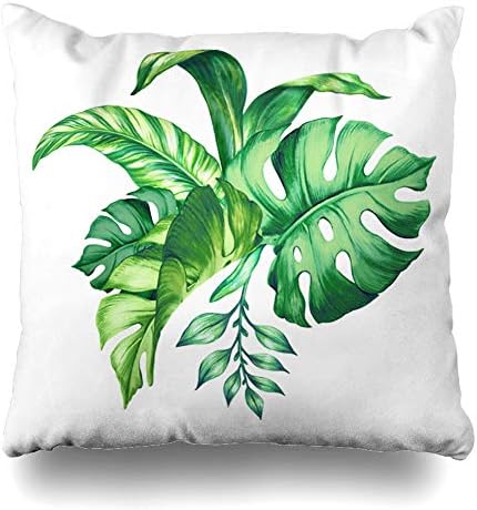 DIYCow Throw Pillow Cover Pillowcase White Jungle Watercolor Tropical Green Leaves Tropic Tree Nature Exotic Palm Foliage Plant Bunch Home Decor Design Square Size 18"x18" Zippered Cushion Case