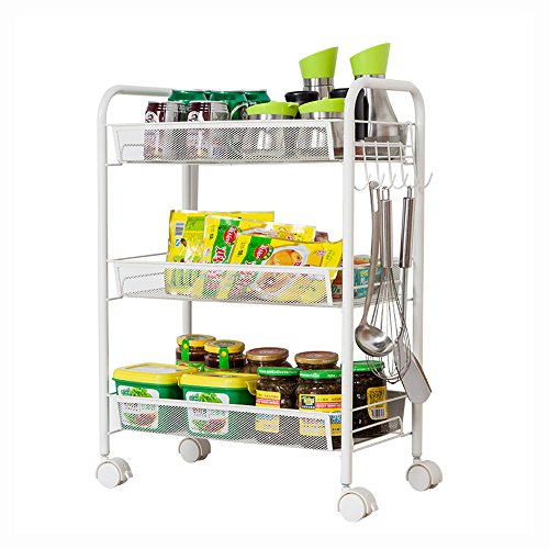 Rolling Cart 3-Tier Storage Cart Utility Cart Wire Rack Metal Mesh Shelving Trolley, GEYUEYA Home