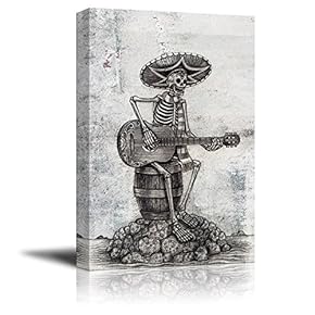 Canvas Print Wall Art - Day of The Dead (Dia De Los Muertos) Themed Art Skull Playing Guitar - Gallery Wrap Modern Home Art | Ready to Hang - 12x18 inches