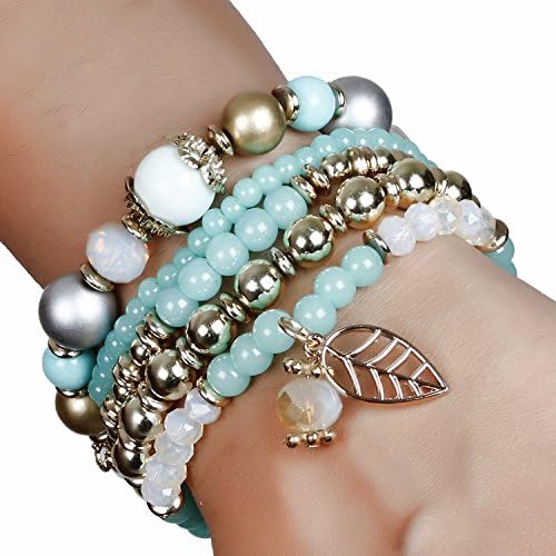 Aaishwarya Aquamarine Layered Leaf Charms Beaded Bracelet Set For Women & Girls