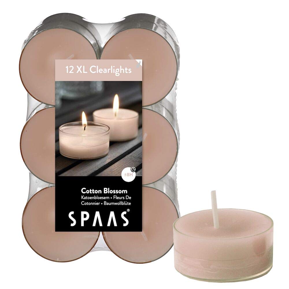 Spaas 12 Maxi Scented Tealights in Transparent Clear Cup, 8 Hours, Cotton Blossom
