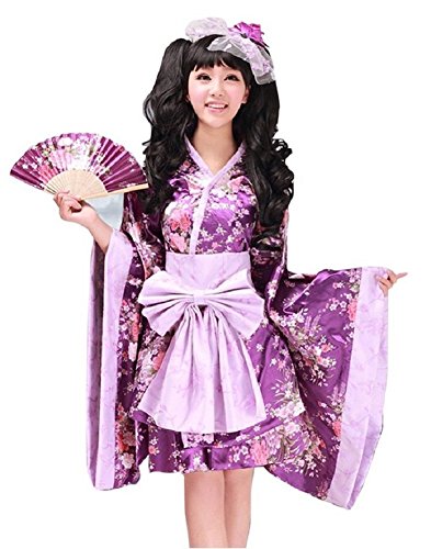 SSJ:Lolita Kimono Robe [ Short Skirt Flower Design ] Japanese Traditional Costume (L, Purple)