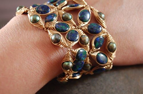 Ancient Egyptian Inspired Statement Bracelet - Azurite - Malachite - Gold - Wire Wrap - Wire Weaving - Gold Metal - Wearable Art Jewelry