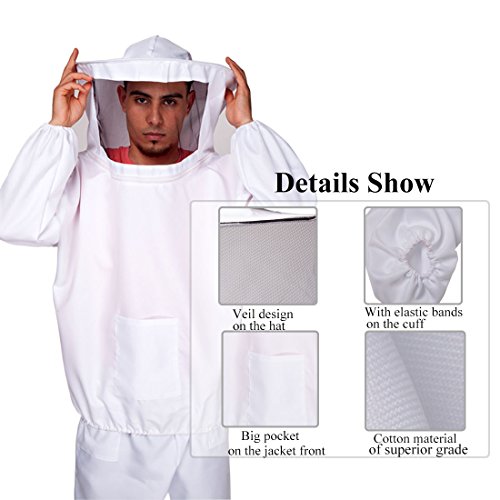 Feekr Professional Beekeeping Suit Jacket with Pants and Goat Skin Long Sleeve Gloves, Medium（White）