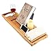 LANGRIA Bamboo Wood Bathtub Caddy Tray with Extending Sides Mug/Wineglass/Smartphone Holder, Metal Frame Book/Pad/Tablet Holder with Waterproof Cloth Detachable Sliding Tray Non-Slip Rubber Base