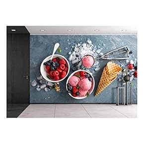 Raspberry Ice Cream in White Bowl Overhead Shot - Removable Wall Mural | Self-Adhesive Large Wallpaper - 66x96 inches