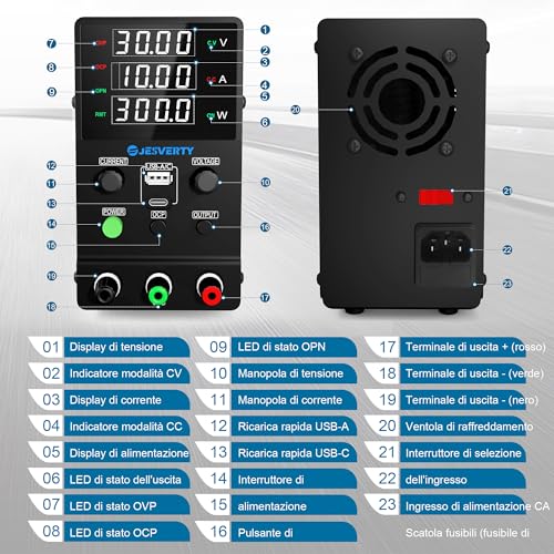 Variable DC Power Supply, 0-30V 0-10A Switching Adjustable Bench Power Supply with 20W USB and Type-C Fast Charging, Encoder Knob, Output Switch, 4 Digit LED Display SPS-3010M