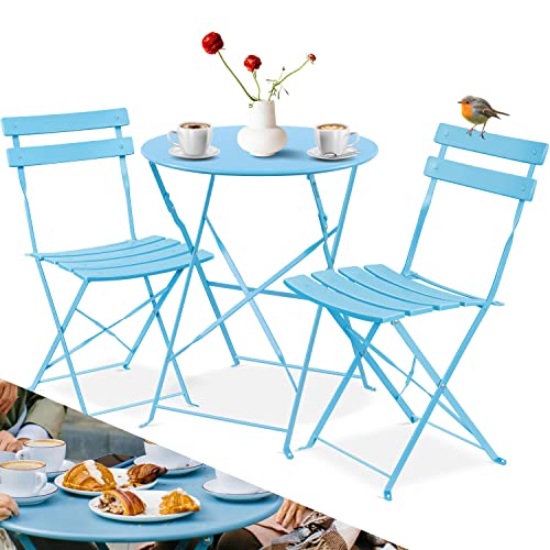KESSER® Bistroset 3-teilig Bistrotisch mit 2 klappbaren Stühle Set Balkonset Balkonmöbel Klapp-Möbel Gartenset Sitzgarnitur Gartengarnitur Gartenmöbel Sitzgruppe Metall Bistro Gartentisch Hellblau