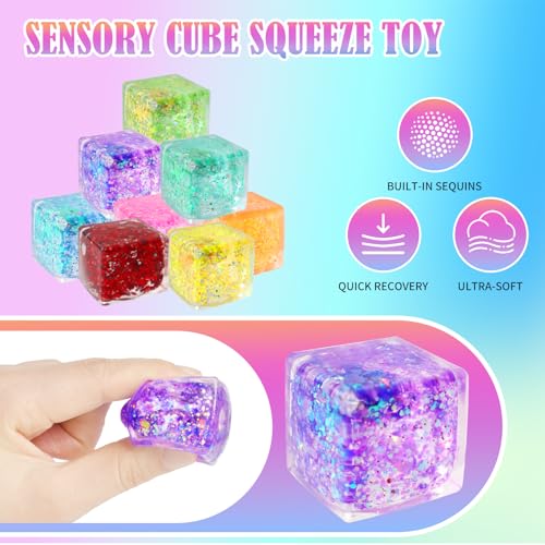 24 Pack Slow Rising Ice Cube Squishy Stress Balls，Stress Cube for Adult Kid | Bulk Taba Squish Fidget Toys, Square Squeeze Toy for Classroom Prizes, Glitter Mini Nice Cube Squishy for Party Favors