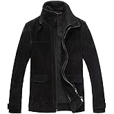 FLAVOR Men's Classic Leather Jacket Suede Winter Coat with Removable Collar