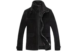 FLAVOR Men's Classic Leather Jacket Suede Winter Coat with Removable Collar