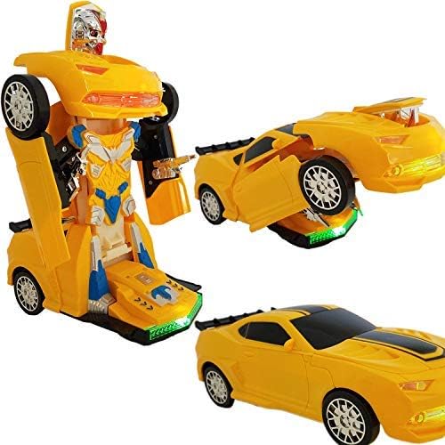 Anj Kids Toys - Battery Operated Bump And Go Transforming Toys For Kids -Auto Transforming Auto Robots Action Figure And Toy Vehicles - Realistic Engine Sounds & Beautiful Flash Lights (Yellow)