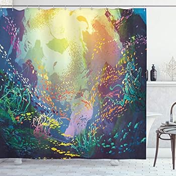 Ambesonne Sea Animals Shower Curtain, Underwater with Coral Reef and Colorful Fish Aquarium Print, Cloth Fabric Bathroom Decor Set with Hooks, 70
