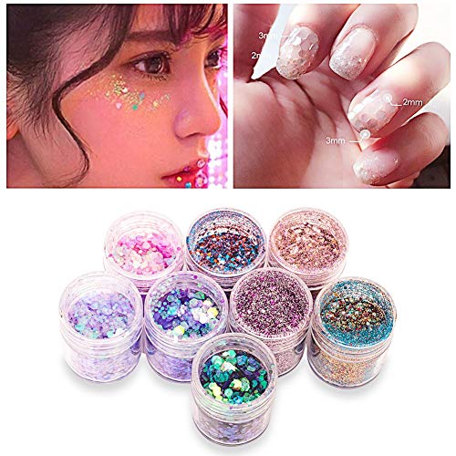 Holographic Chunky Glitters, Cosmetic Glitters Flakes, Body Glitter Set - 8 Colors, Use for Face Nails Eyes Lips Hair Body, Make Up Glitter Paillette Music Festival Masquerade - 8 boxes 10ML