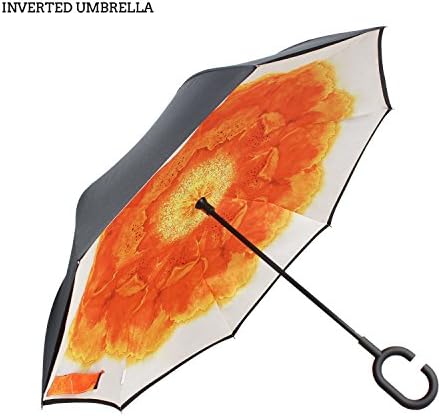 Premium Double Layer Inverted Umbrella For Car By AmbrellaOK Reverse Folding Upside Down C-Shaped Hands Free Handle - Compact Lightweight &amp; Windproof – Ideal Gift Men &amp; Women (Manual-Orange flower)