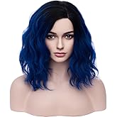 BERON Black and Blue Wigs for Women Girls Short Curly Bob Wavy Hair Wig Ombre Dark Blue Body Wave Heat Resistant Synthetic Cosplay Daily Party Wigs