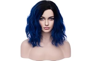 BERON Black and Blue Wigs for Women Girls Short Curly Bob Wavy Hair Wig Ombre Dark Blue Body Wave Heat Resistant Synthetic Cosplay Daily Party Wigs