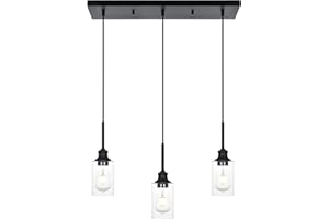 Wanluce 3-Light Kitchen Island Pendant Light Fixtures Hanging Black Farmhouse Pendant Lighting Cluster with Clear Glass Shade, Modern Industrial Linear Chandeliers Light for Dining Room Foyer Hallway