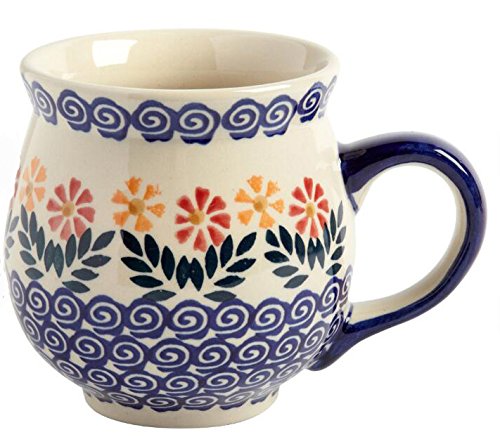 Polish Pottery Cheery Flowers Handmade Barrel Mug, 16 Oz