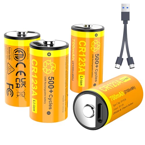 ENEGON USB-C Rechargeable CR123A Batteries, 4 Pack 700mAh 3V Li-ion Battery, 500+ Cycles, Direct Charge Replacement for Arlo Cameras, Flashlights, Alarm Systems