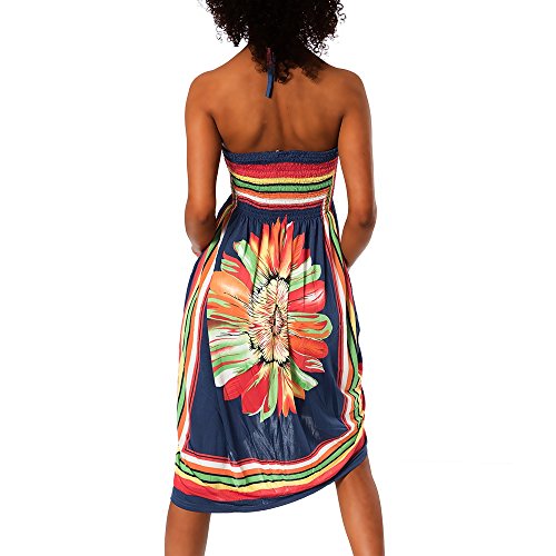 Diva-Jeans Damen Sommer Aztec Bandeau Bunt Tuch Kleid Tuchkleid Strandkleid Neckholder H112, Farbe: F-027 Dunkelblau… – Bild 3