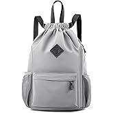 Valleycomfy Waterproof Drawstring Gym Backpack Bag for Men & Women,Sports Gym Bag with Side Pocket Grey