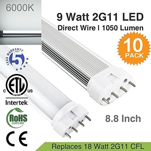 Masonanic 10 Pack 2G11 LED 9W LED Shop Light Tube Single-Ended Power 2G11 Lighting Fixtures Milky White Cover (Cool White 6000-6500K)