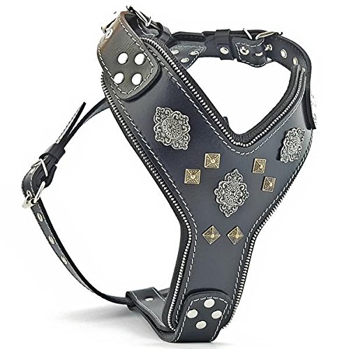 Bestia Aztec black leather chest plate dog harness