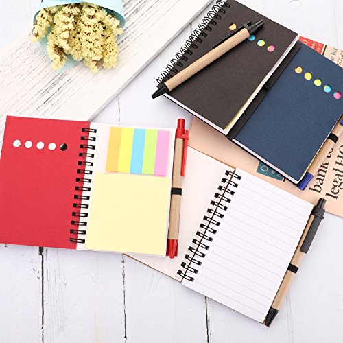 Maxdot 4 Pieces Steno Pocket Business Notebook Spiral Lined Notepad Set with Pen in Holder, Sticky Colored Notes Page Marker Tabs, 4 Colors Cover