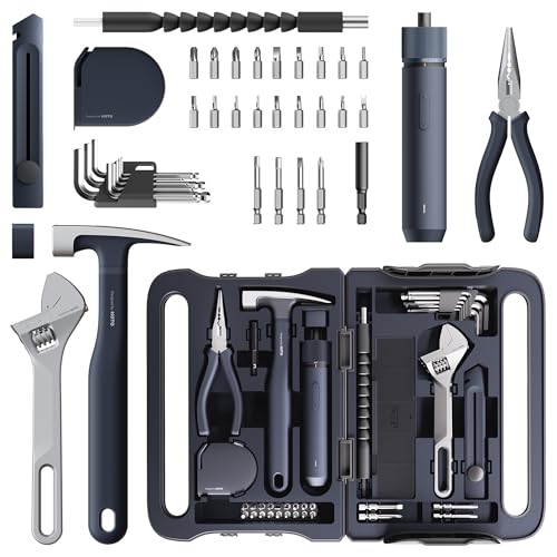 HOTO 40-Piece Tool Kit, Household Essentials tool set w/Smart Electric Screwdriver (LED, 3 Torque) + 14 Tools & 26 Accessories | Pro-Grade Compact Organizer for Home, Dorm Repairs, DIY