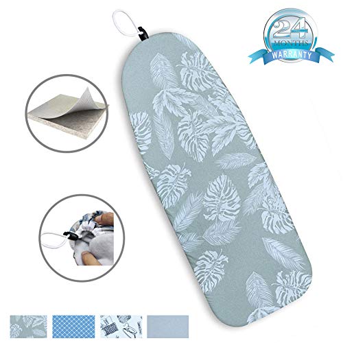Duwee 12"x32" Heat Resistance Metallic Table Top Ironing Board Cover Durable Thicken Felt Material Padding, With Elastic Cord, Easy to Handle and Fits Board Beautifully (White leaves B)