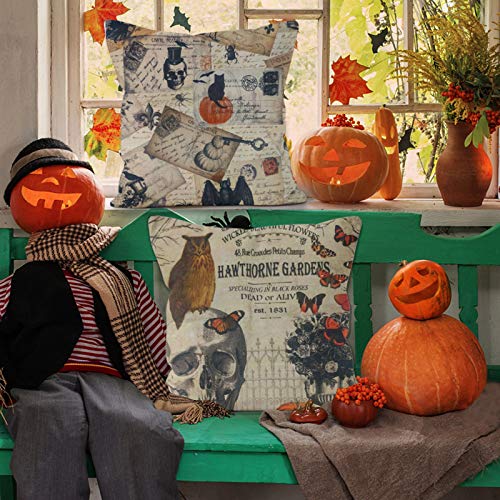 Motiloo 4 Pieces 18x18 Inch Pillow Covers Halloween Decoeative Pillow Covers Square Soft Cotton Linen, Home Decor Cushion Covers Crow Pumpkin Skull Owl Throw Pillowcases for Sofa Bed