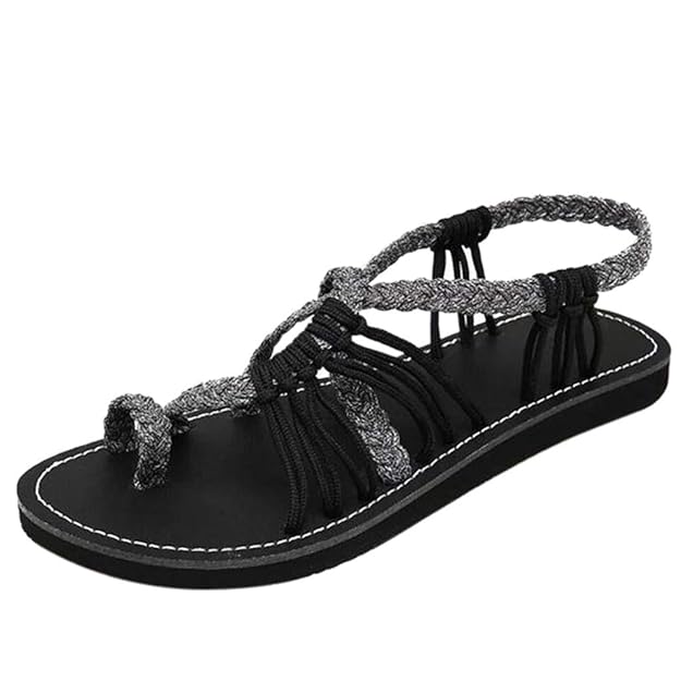 Damen Damen Sommer Bohemia PU Leder Flach Zehentrenner Sandalen Mischfarben Lässig Cane Weave Flats Beach Schuhe Sandalen