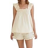 Sotimoon Womens Summer Pajama Sets 2 Piece Outfits Ruffle Trim Top and Shorts Cotton Loungewear Set