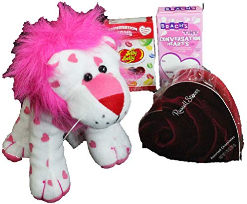 4 Pc Valentines Candy Gift Set – Valentine Lion Plush Friend with 1.75 oz Russell Stover Chocolate Heart Candy, Jelly Belly Jelly Beans and Conversation Hearts