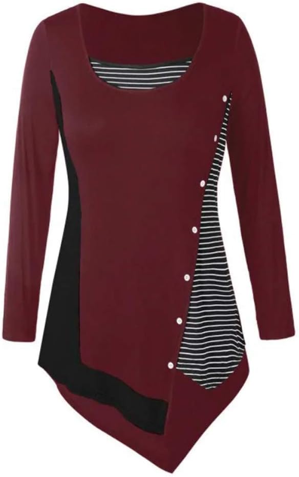 Women Long Sleeve Plus Size Blouse Patchwork Stripe Button Irregular Top Shirt