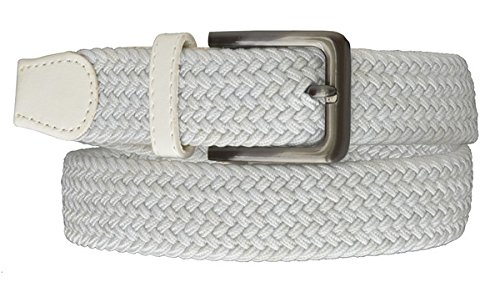 White Braided Elastic Stretch Belt With Metal Buckle and Leather tipped end by Marshal