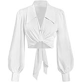 SweatyRocks Women's Button up Collar Cropped Shirt Long Sleeve Self Wrap Crop Top Blouse