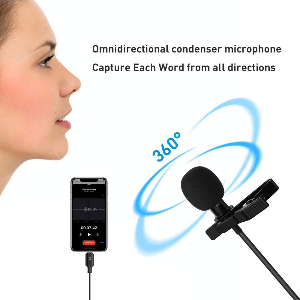 Microphone Professional for iPhone Lavalier Lapel Omnidirectional Condenser Mic Phone Audio Video Recording Easy Clip-on Lavalier Mic for Youtube, Interview, Conference for iPhone/iPad/iPod（IOS 6.6ft）: Musical Instruments