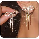 Bow Earrings for Women Dainty 14K Gold Rhinestone Ribbon Dangle Earrings Silver Cubic Zirconia Bowtie Statement Earring Wedding Prom Jewelry Gifts