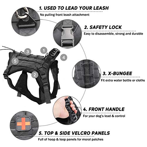 EJG Tactical Dog Harness Vest, with Molle System & Velcro Area, No Pulling Design, Comfy Mesh Padding, for Service Dogs, Military Training Hunting Hiking, for Medium Large Dogs (Large, Black)