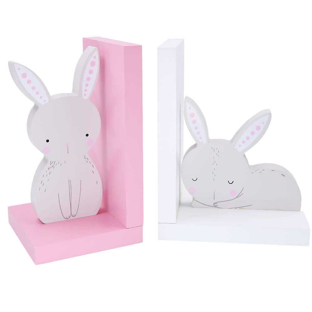 Cute Rabbit Wooden Book Organizer Bookends Book end Book File Home Office Library Decoration Birthday Gift(Pink and White)